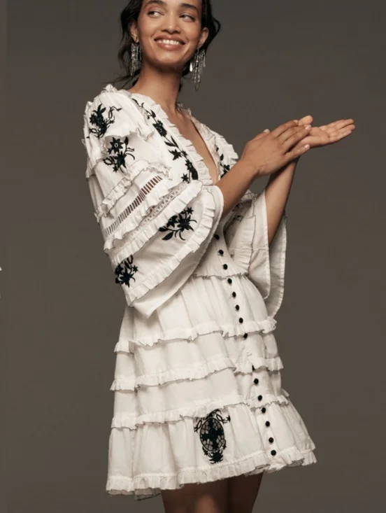 Anthropologie Mini Dress Embroidered Ruffled Vacay Preppy Boho - Picture 4 of 9